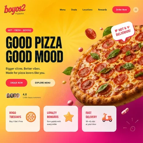 Restaurant website example with pepperoni pizza and bright product presentation