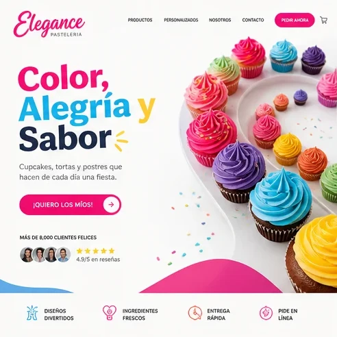 Colorful bakery website example featuring cupcakes and ordering message