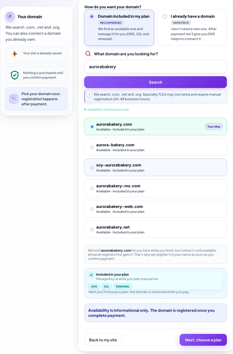 Domain step: choose between an included domain or your own, with the search box and available suggestions