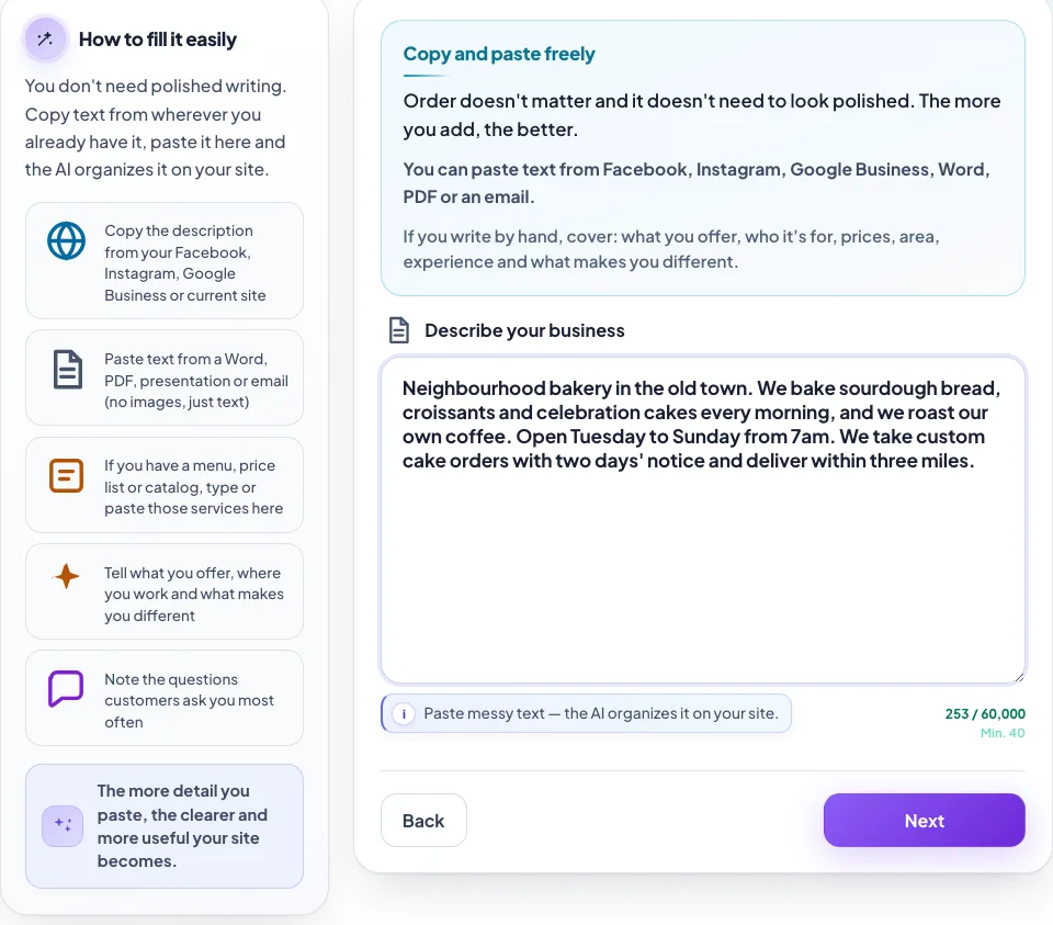 Wizard step 2: large text box to describe the business