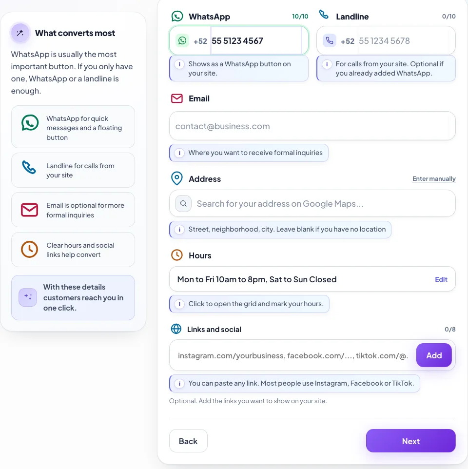 Wizard step 3: WhatsApp, phone, email, address, hours and social links