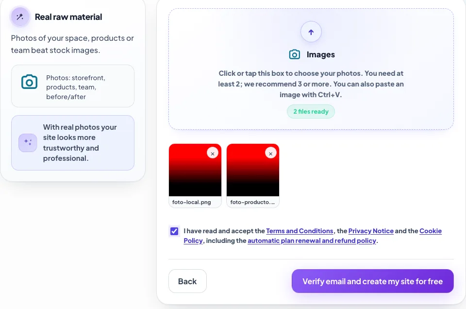 Wizard step 4: photo upload area and terms acceptance