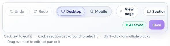 Editor toolbar with Undo, Redo, Desktop, Mobile, View page, Section and Theme