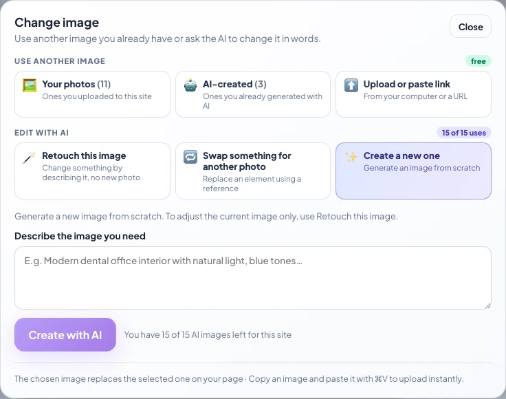 Create a new one: box to describe the image and Create with AI button
