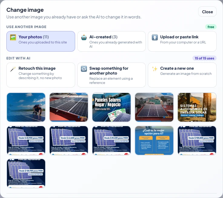 Change image window: Your photos, AI-created, Upload, and the three Edit with AI options