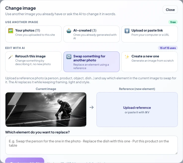 Swap something for another photo: current image, area to upload the reference and box to say what to replace