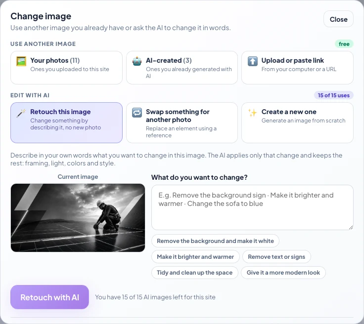 Retouch this image: current photo, box to describe the change, suggestions and Retouch with AI