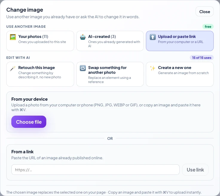Upload or paste link tab: Choose file button and a field to paste a URL