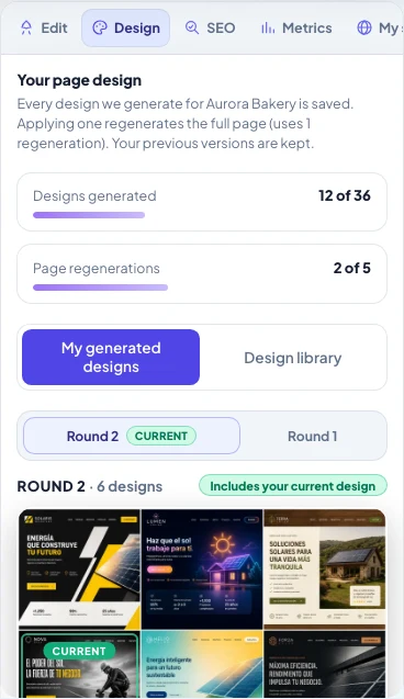 Design tab: allowances, My generated designs, Library and the rounds