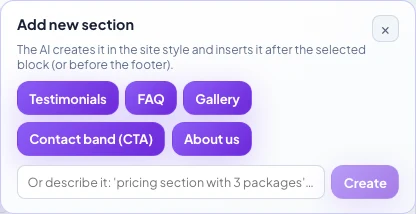 Add a new section panel with Testimonials, FAQ, Gallery, Contact band and About us