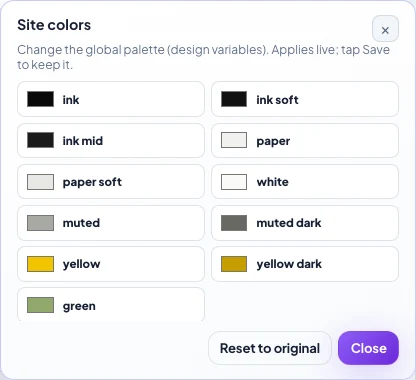 Site colours panel: the global palette list and the button to restore originals