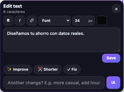 Edit text panel: bold, italic, link, font, size, colour, the text box and AI actions
