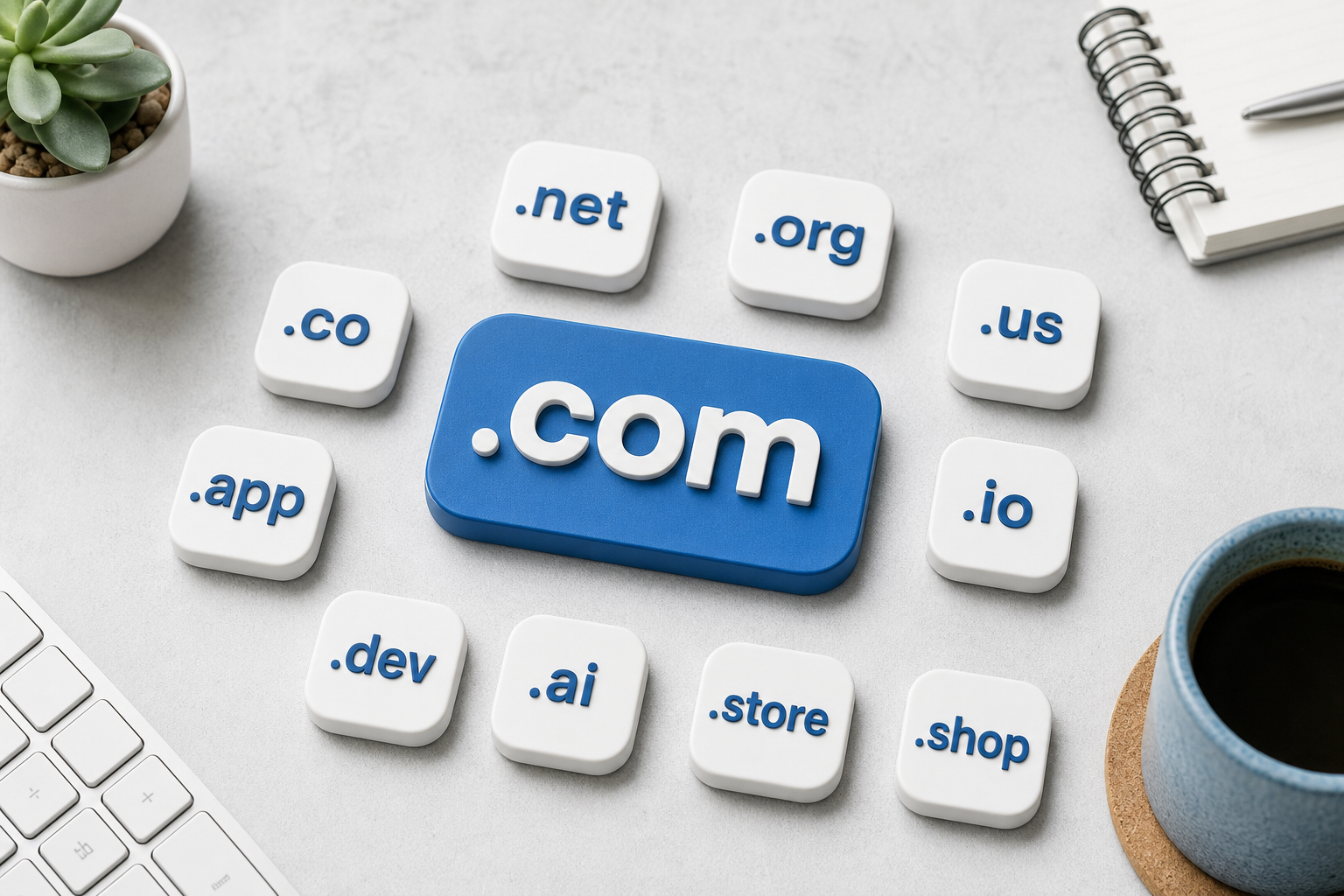 Popular domain extensions including .com, .net, .org, .us, .io and .ai arranged as tiles