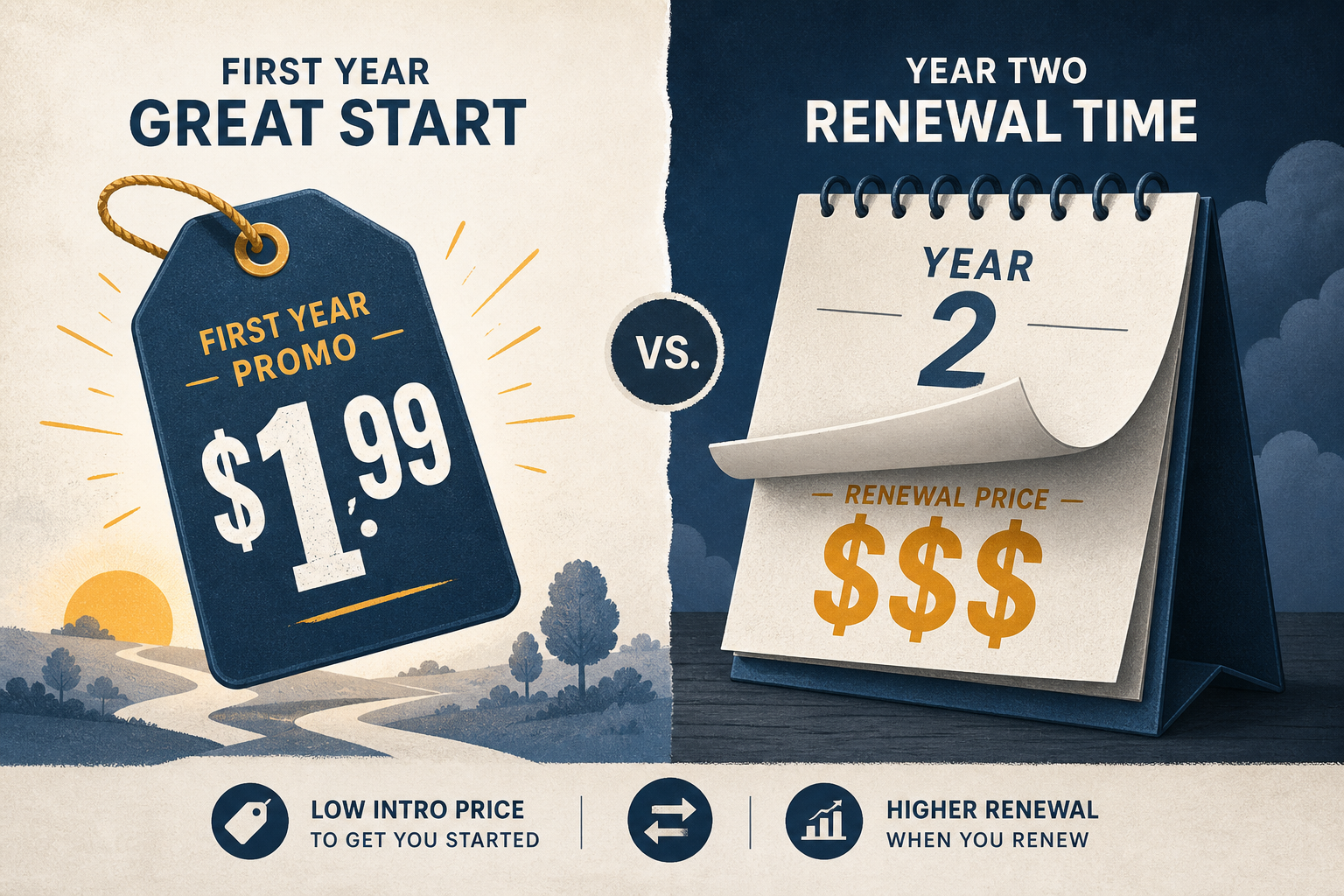 Illustration contrasting a cheap first-year domain promo with a higher renewal price in year two
