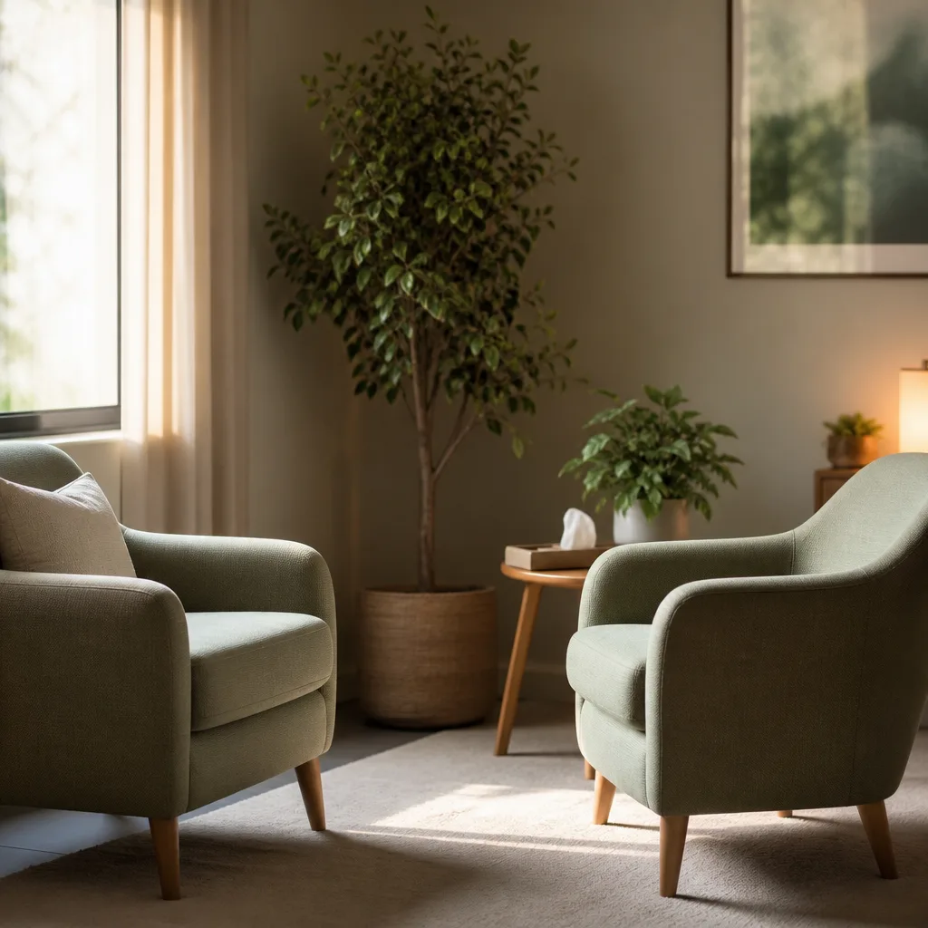 Two chairs in a serene therapy consultation space