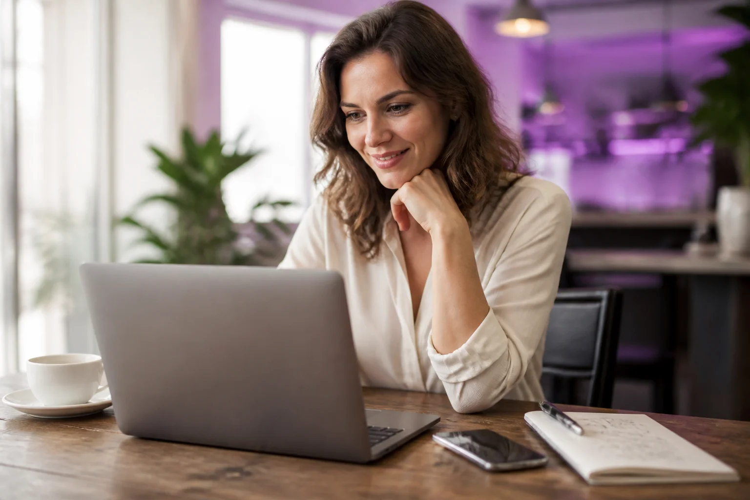 Small business owner at a café reviewing website options on a laptop