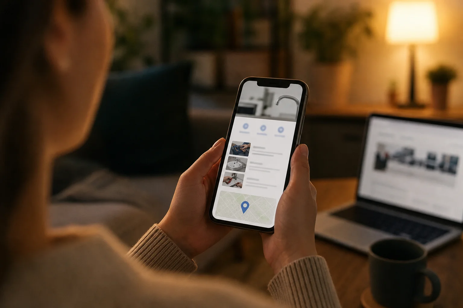 Someone reviewing a local business website on a phone with services and location visible