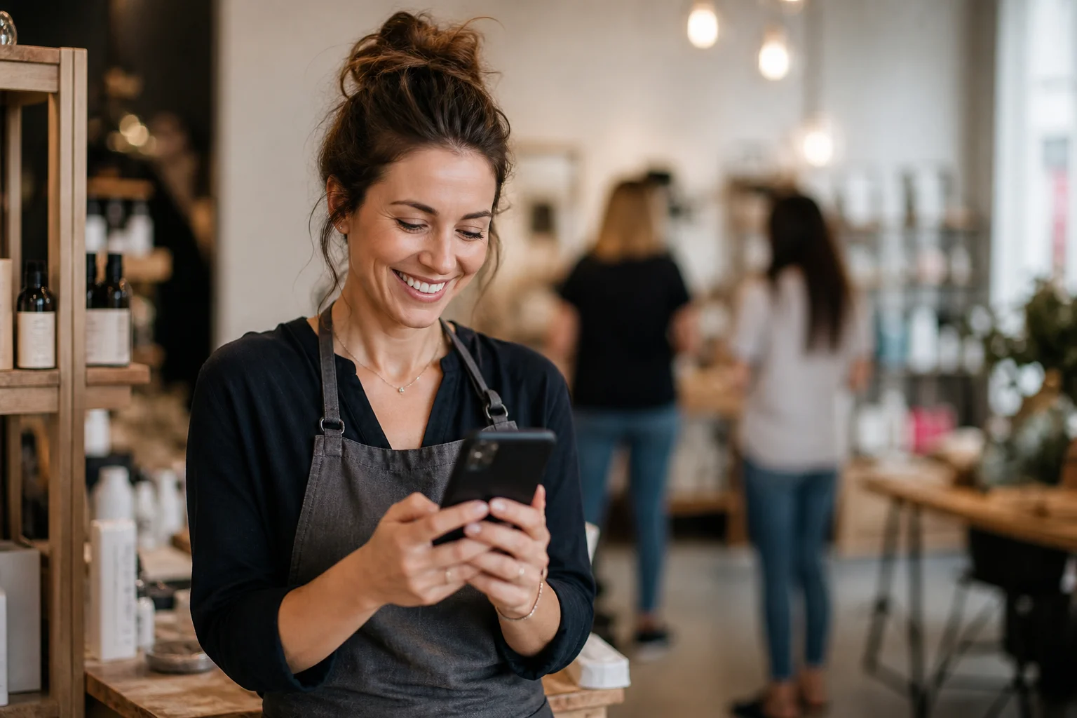 A shop owner checking engagement on her phone while customers browse in the background